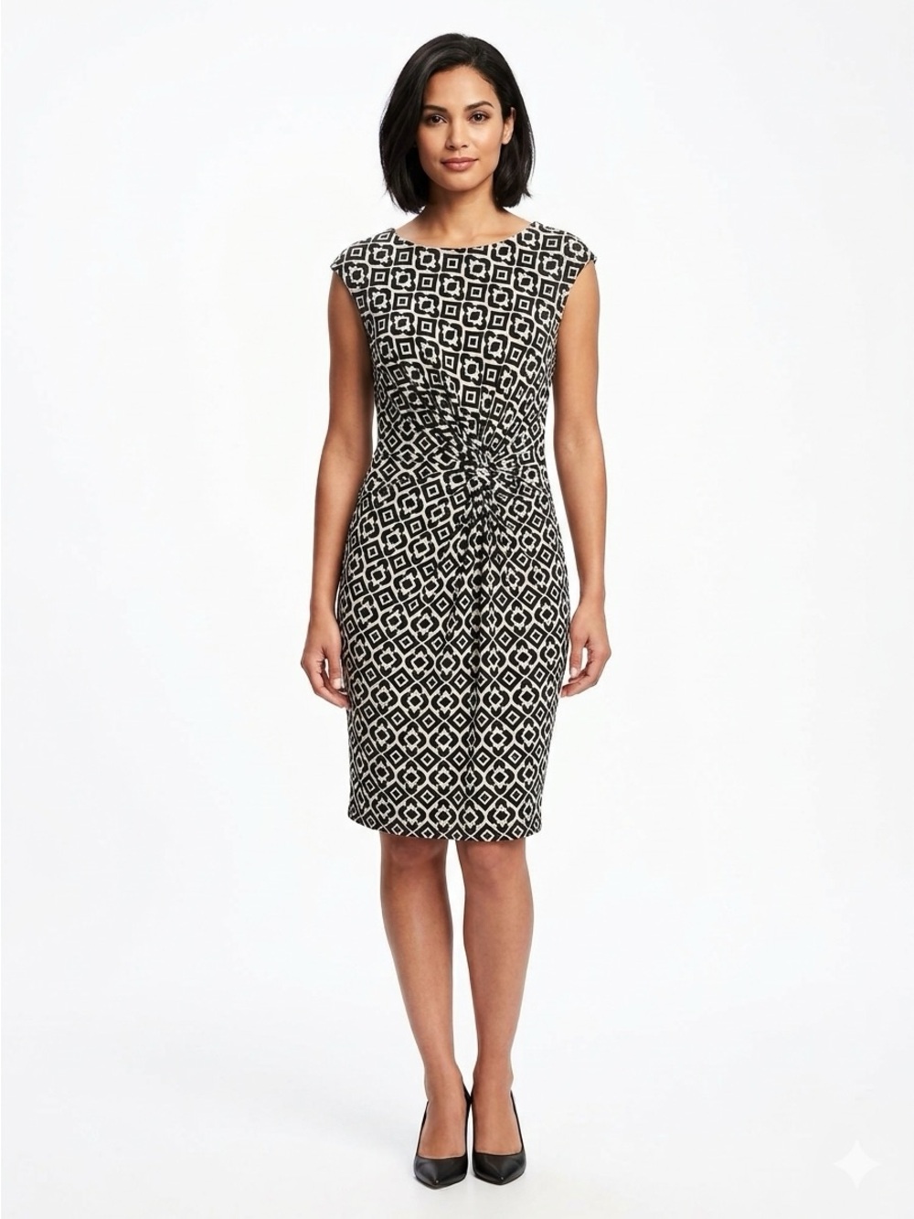 Evan Picone Black & White Geometric Knot-Front Sheath Midi Dress Size 10